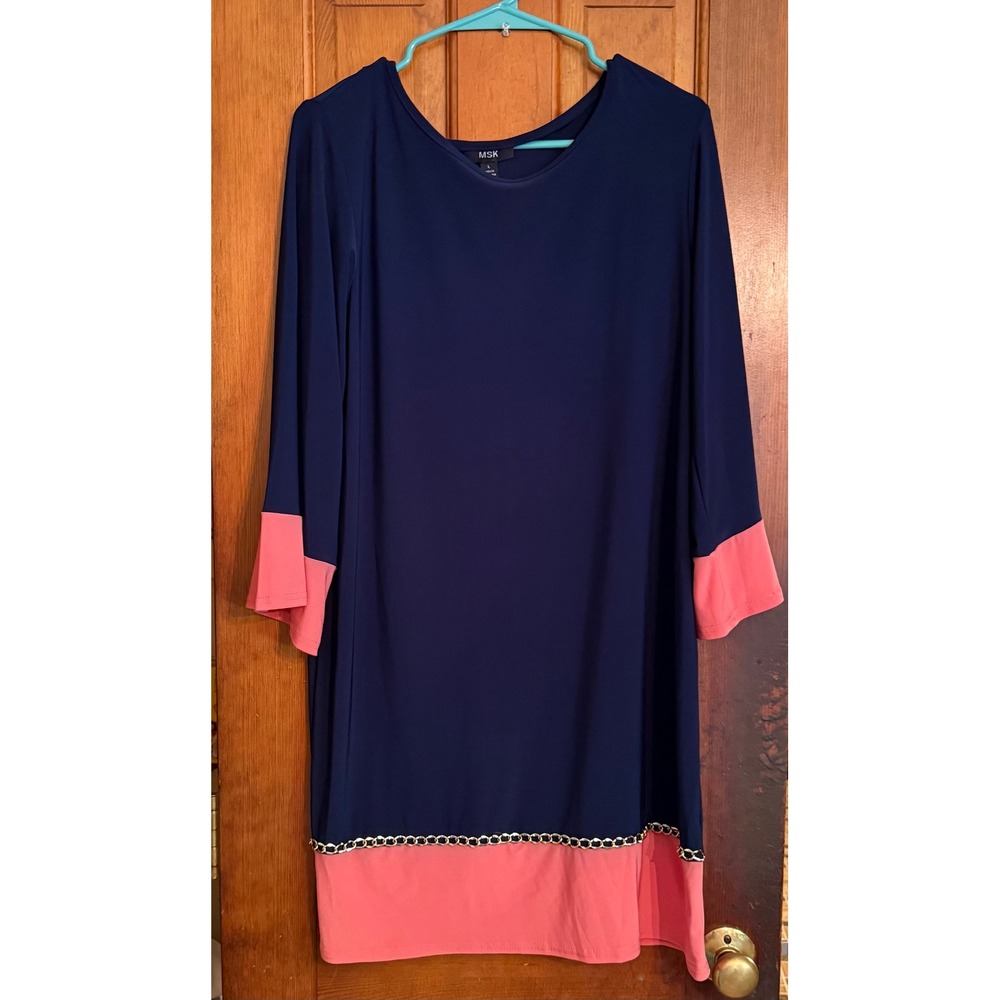 MSK Womens Navy Blue Coral Colorblock Chain Detail Shift Dress Large